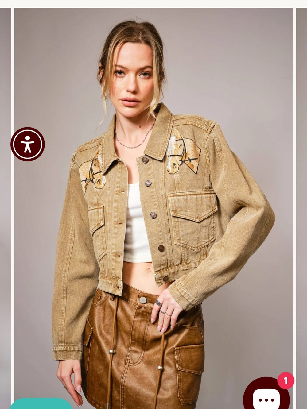 NWT blue b Embroidered Cropped Tan Denim Jacket